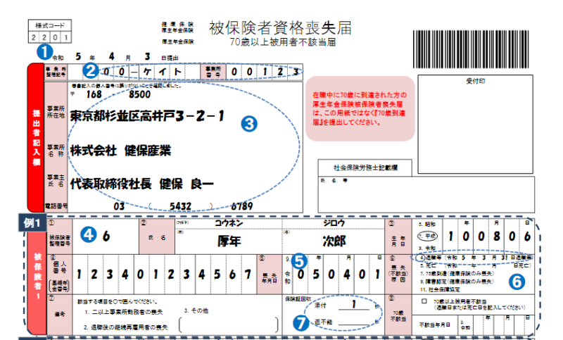 健康保険・厚生年金被保険者資格喪失届の記入例