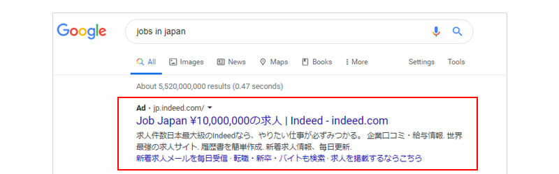 アメリカ版Googleの検索結果（jobs in japan）