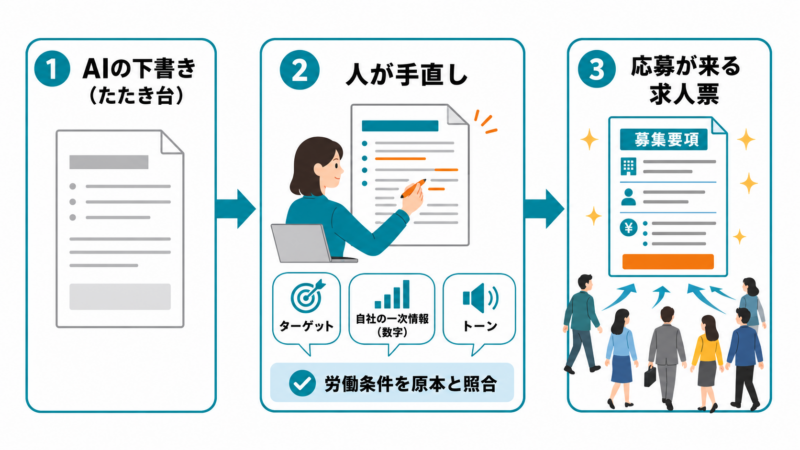 生成AIの下書きに現場の情報を足し、事実を人が確認して応募が来る求人票に仕上げる流れ図