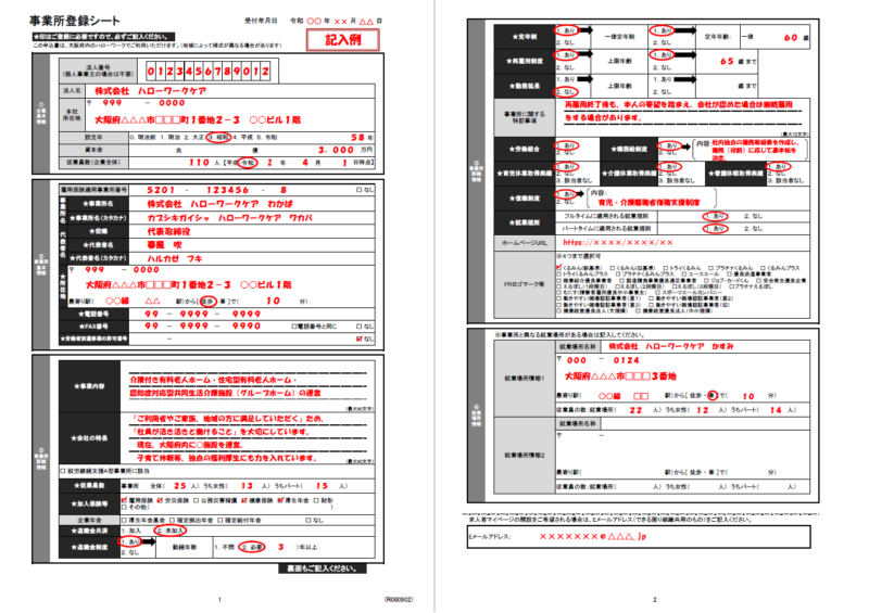 ハローワーク 事業所登録シート（基本情報）記入例