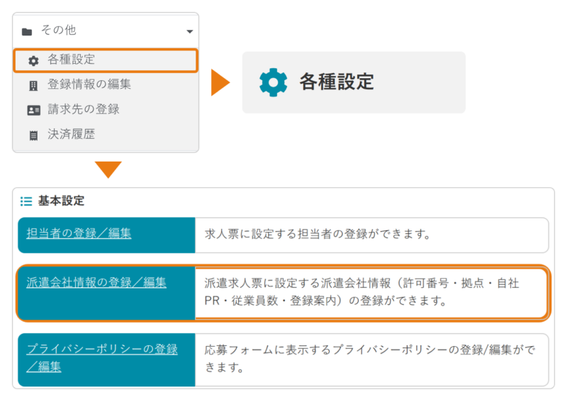 「その他」メニューの「各種設定」画面
